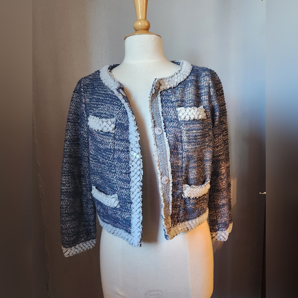 Anthropologie Isani Massey Tweed Beaded Embellished Blue Blazer Jacket